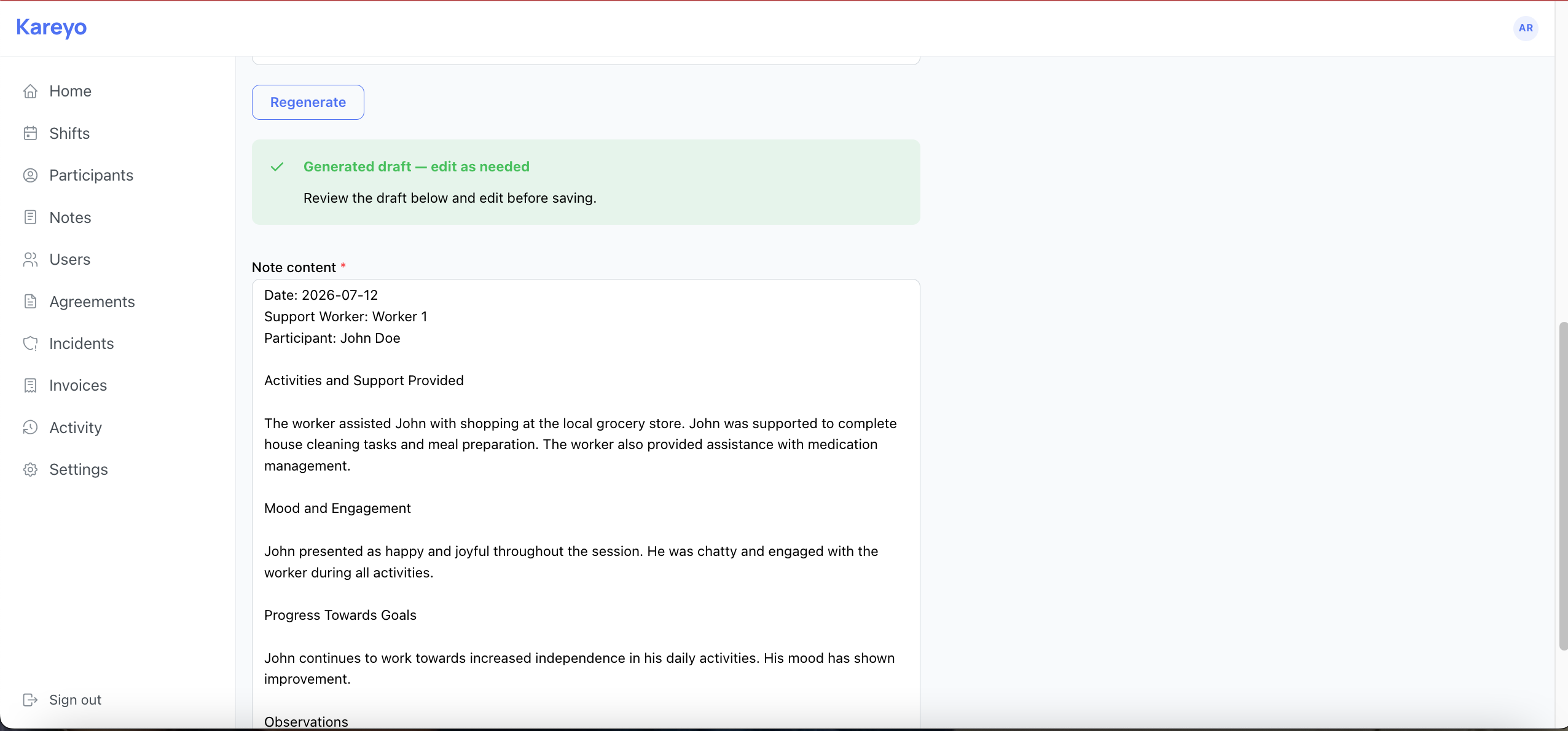 AI-generated progress note based on the shift dot points