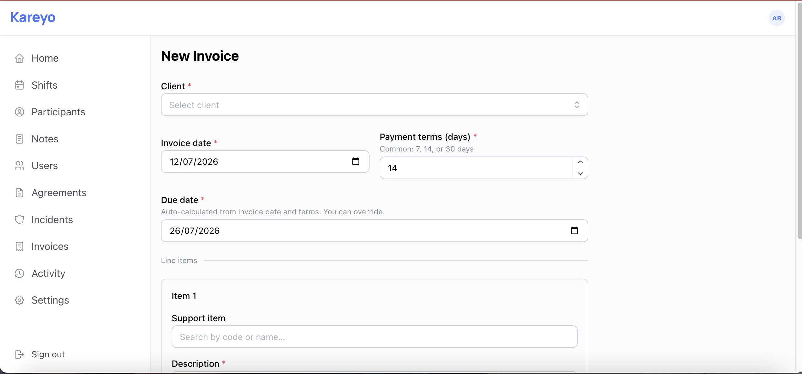 Invoice generation view