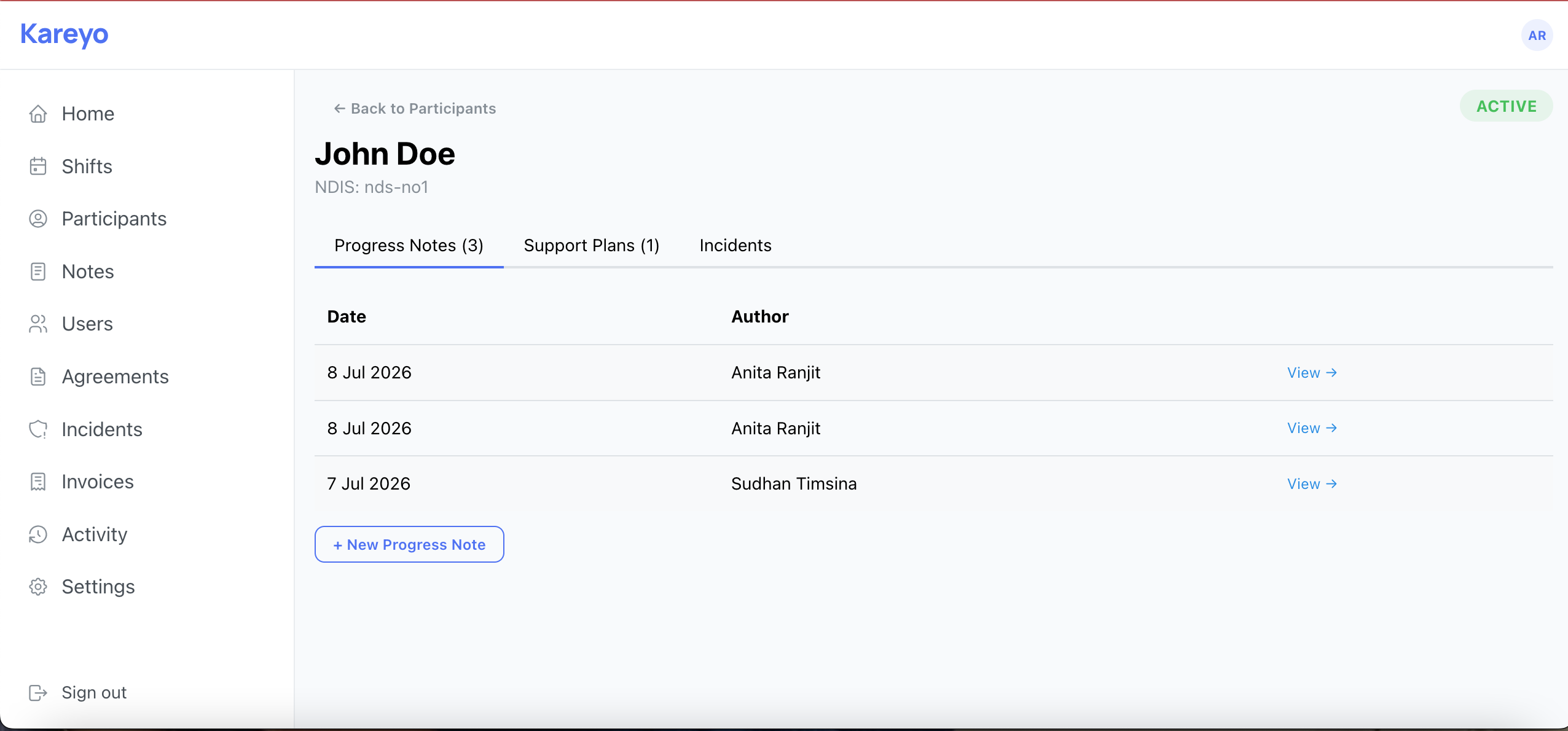 Participant profile view