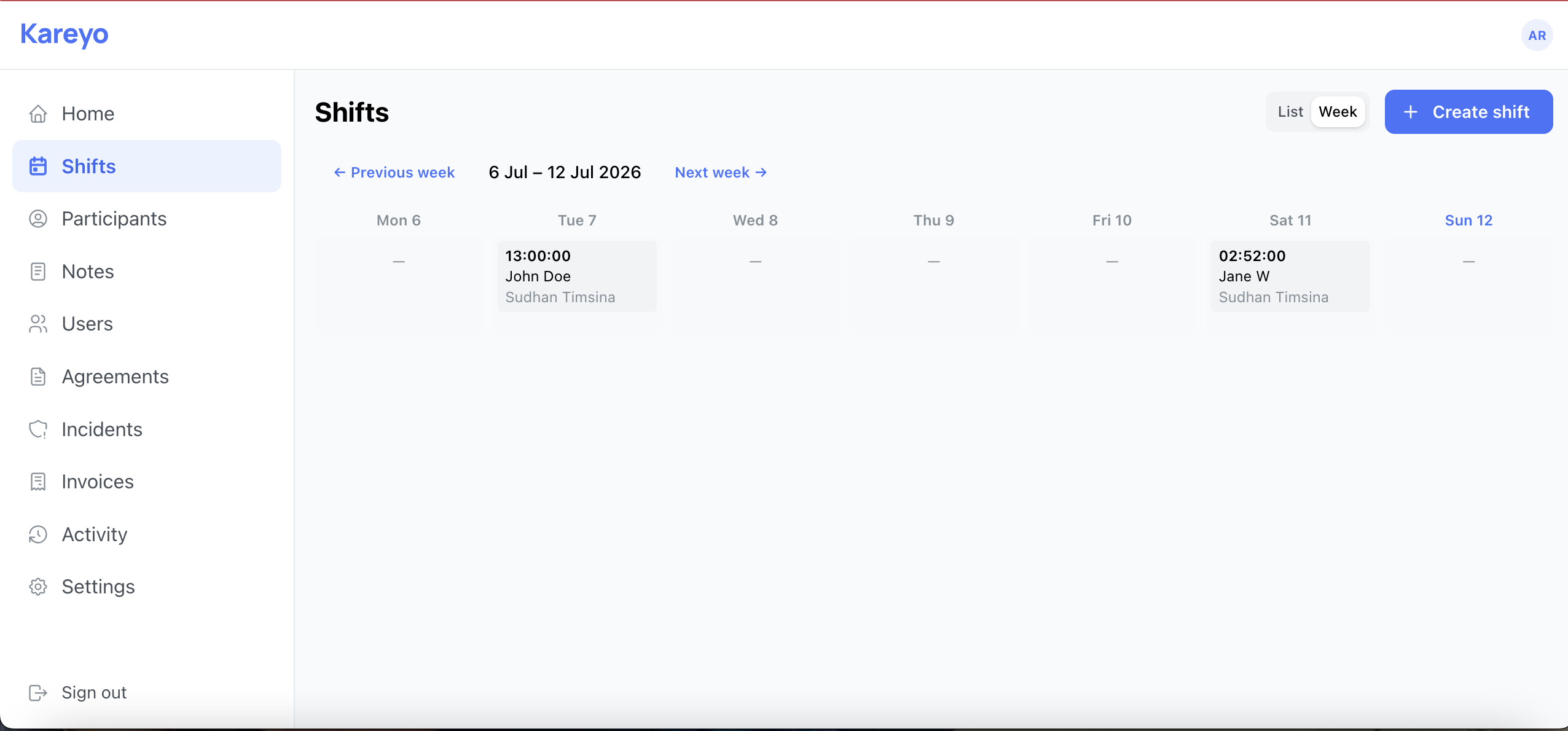 Shift schedule view